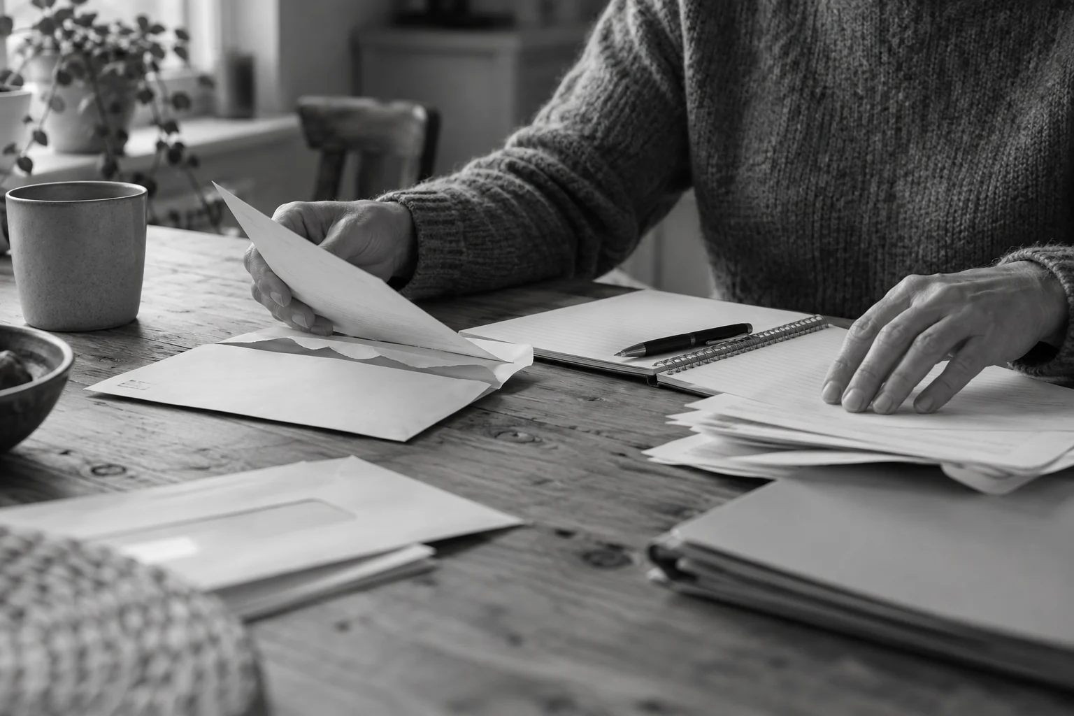 Handen verzamelen brieven, notities en documenten op tafel