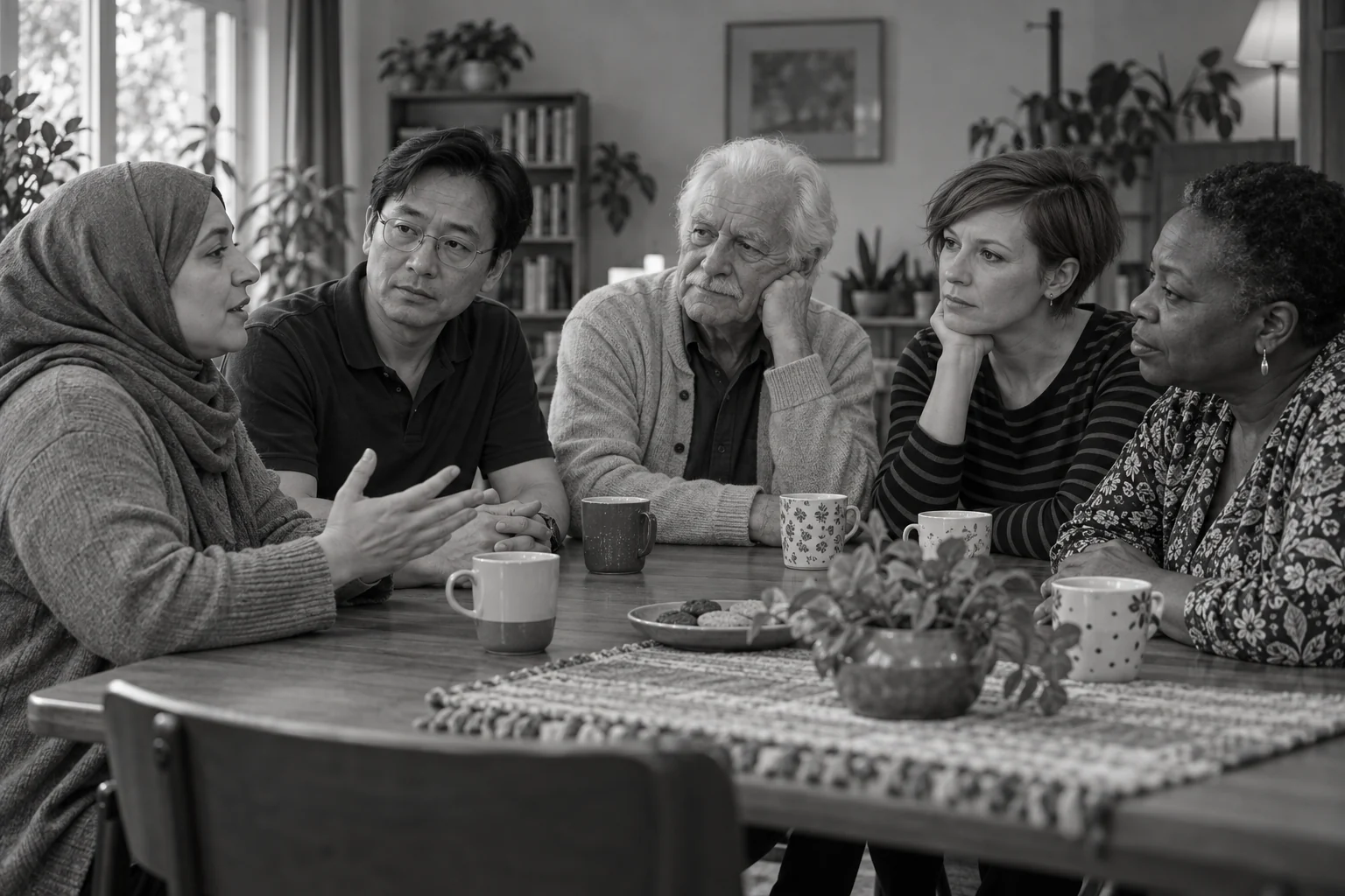 Vijf buurtbewoners van verschillende leeftijden praten samen aan een tafel
