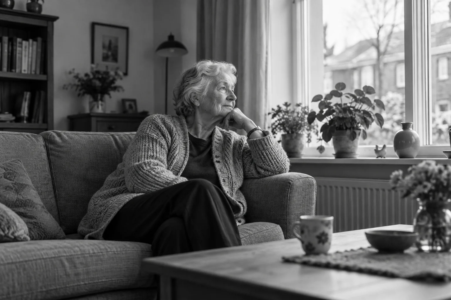 Een oudere persoon alleen op de bank bij een raam