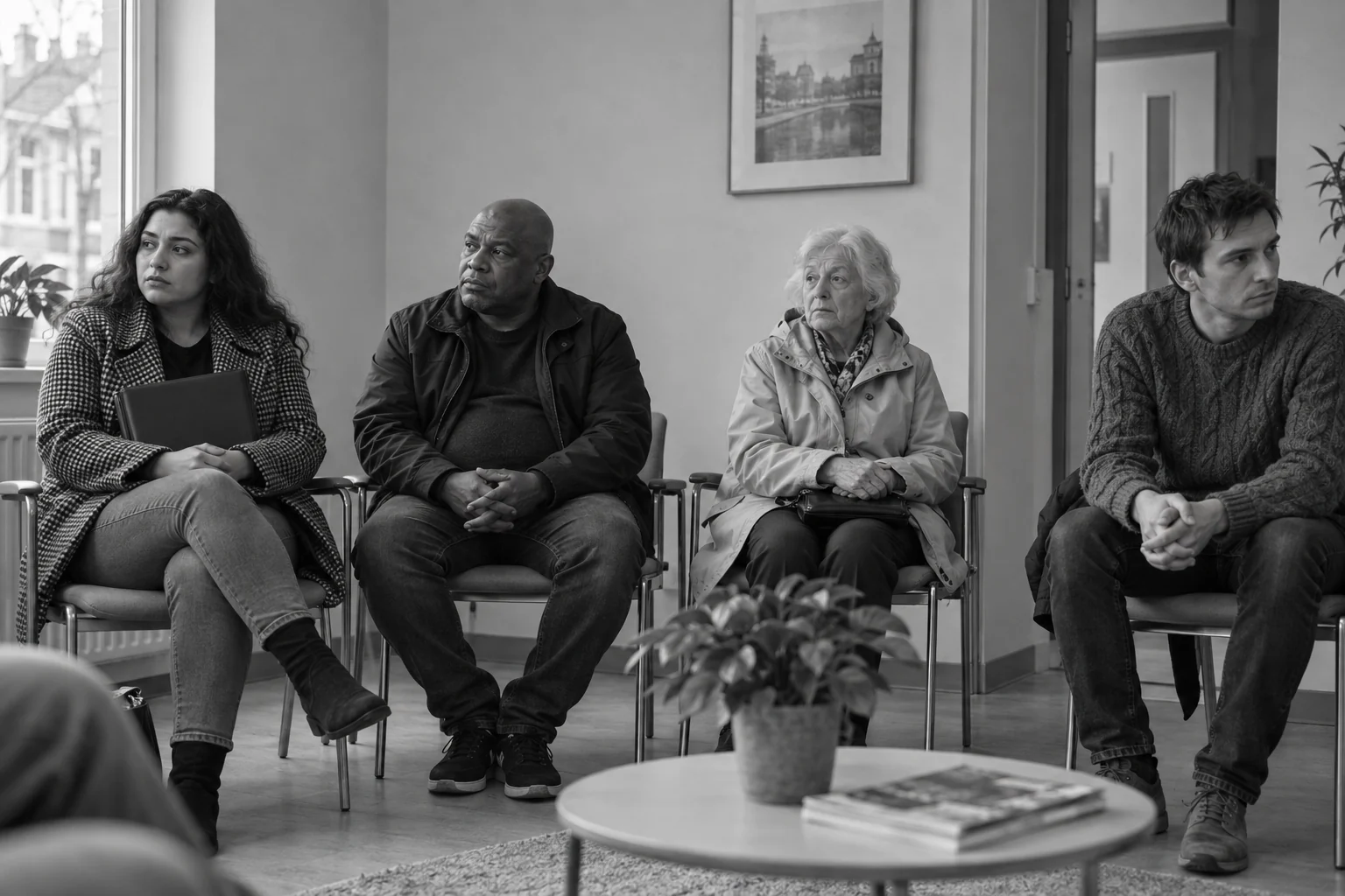 Vier mensen van verschillende leeftijden wachten in een ontvangstruimte