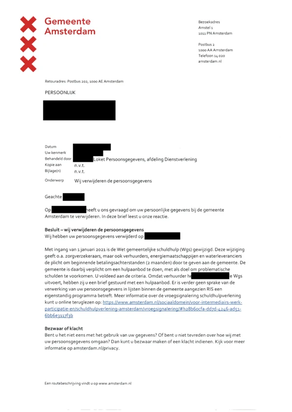 Geanonimiseerde gemeentelijke brief over gegevensverwijdering