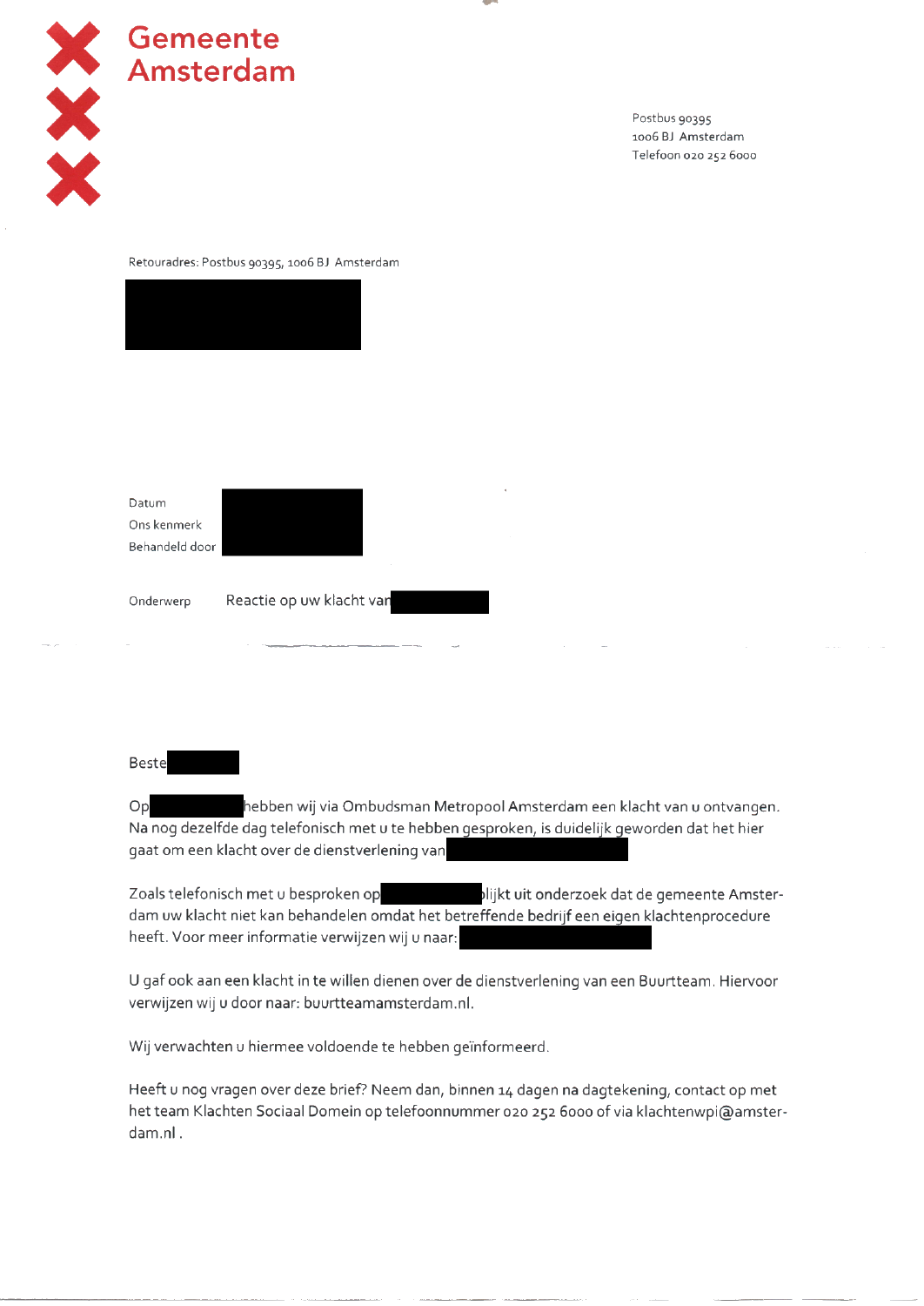 Eerste pagina van de gemeentelijke brief. De alinea over Buurtteam verwijst naar buurtteamamsterdam.nl; persoonlijke gegevens zijn afgeschermd.